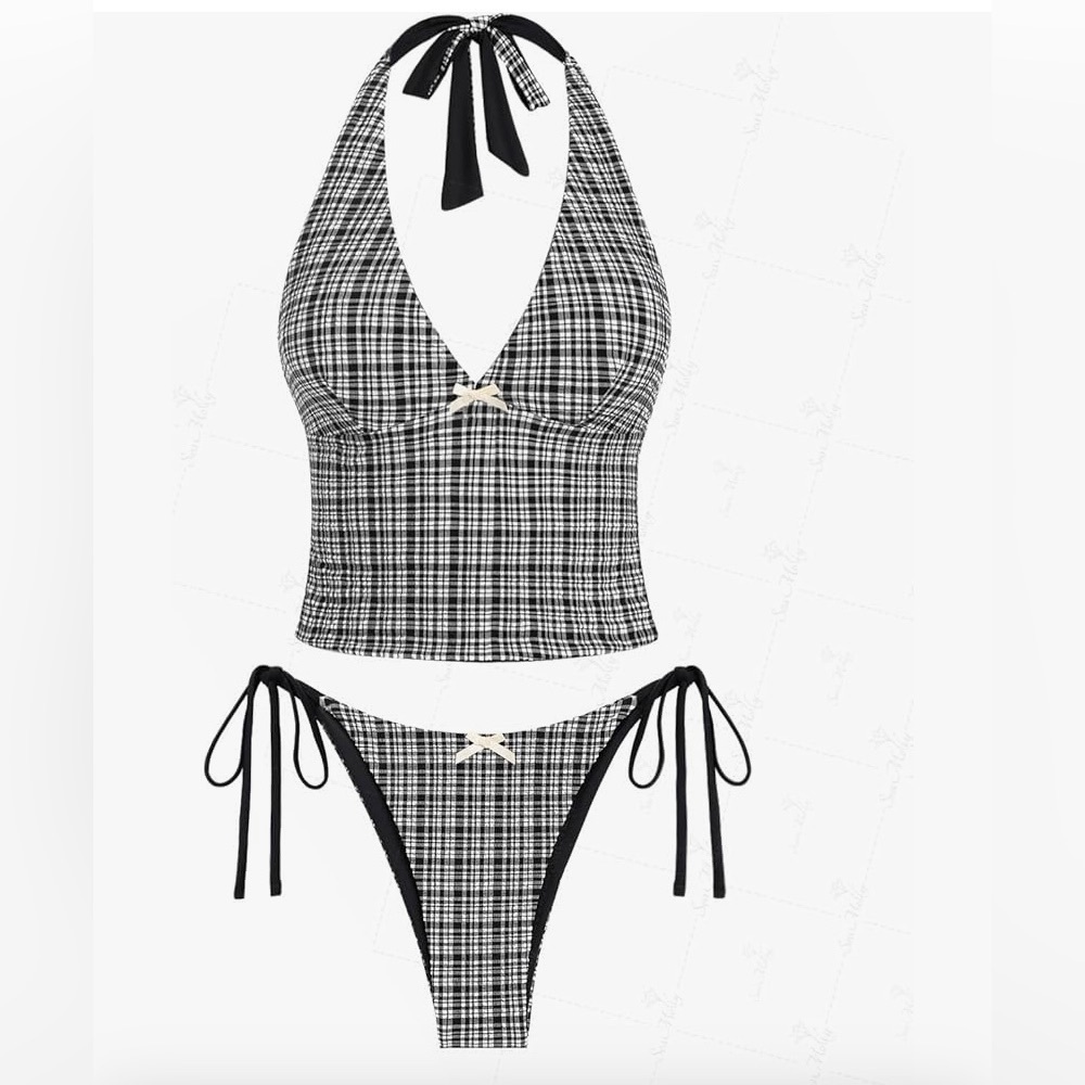 seamoly Gingham Black White Printed Halter Tie Side Chic TankiniSet Large B11